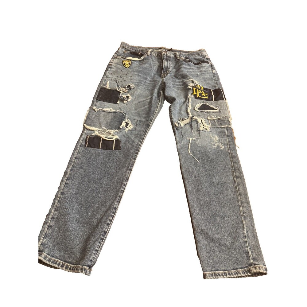 RALPH LAUREN Relaxed Taper Patchwork Logo Denim Blue Jeans Luxury Stretch Sz 10 - Picture 3 of 16